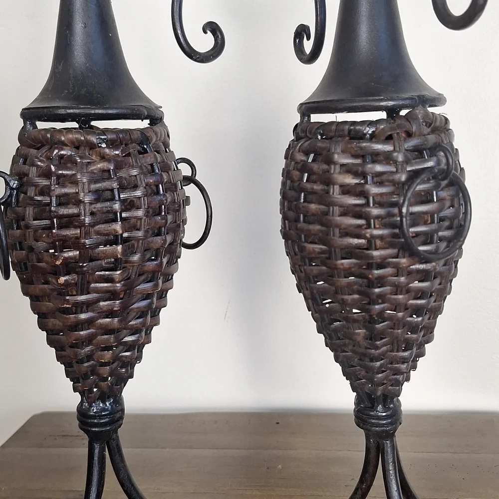 Pair Of Wrought Iron And Brown Wicker Candle Holders